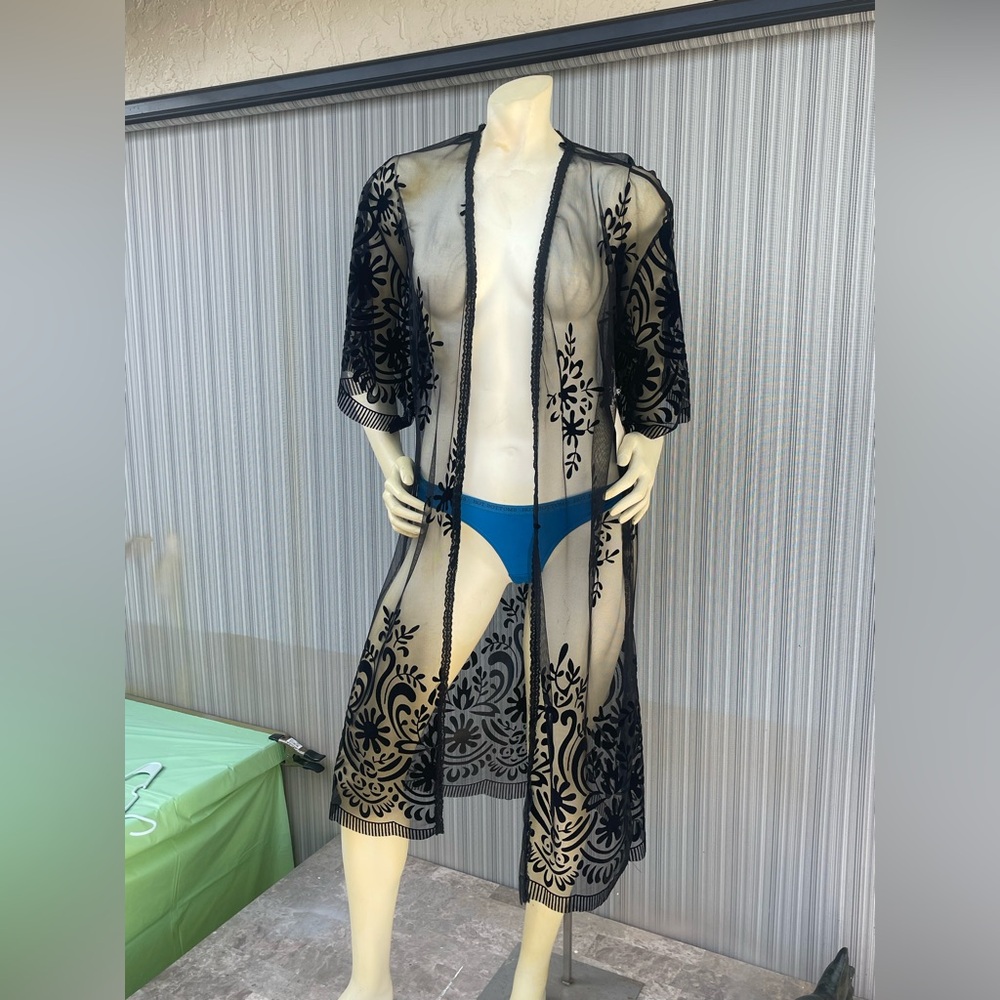 RIO SEXY BEACH COVER Black Sheer Floral Kimono Cover-Up NWT SIZE MEDIUM - Picture 4 of 13